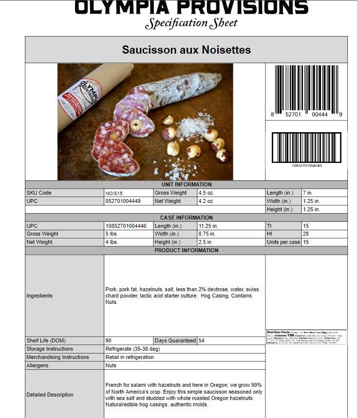Olympia Provisions Saucisson aux Noisettes