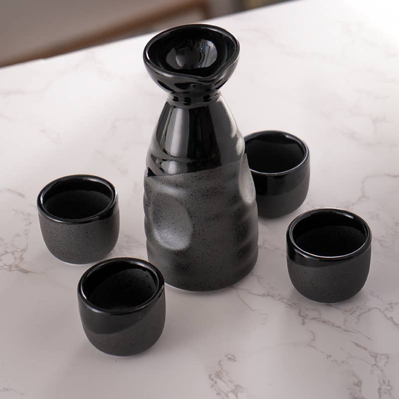 Urban Tokyo Black Gloss and Matte Glazed Sake Bottle and 4 Cups