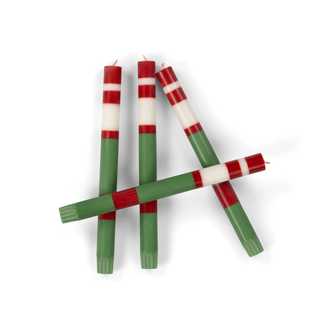 Striped Holiday Emerald Oriental Red And Pearl White Eco Dinner Candles, Set of 4