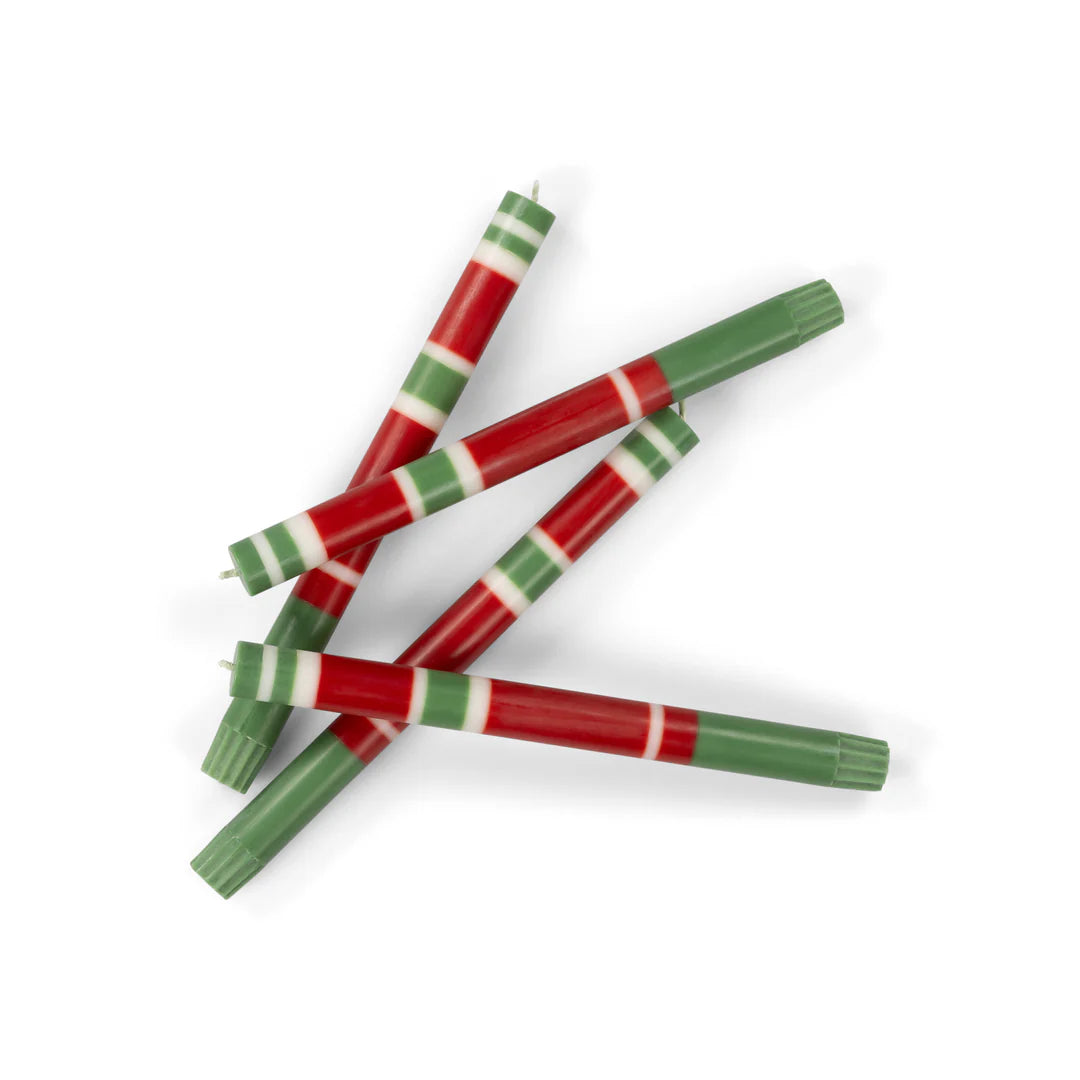 Striped Holiday Emerald Oriental Red And Pearl White Eco Dinner Candles, Set of 4