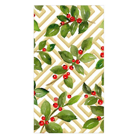 Caspari Holly and Fretwork White Guest Towel Napkins, Set of 15