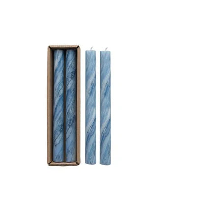 Taper Candles in a Box, Marbled Blue, Set of 2