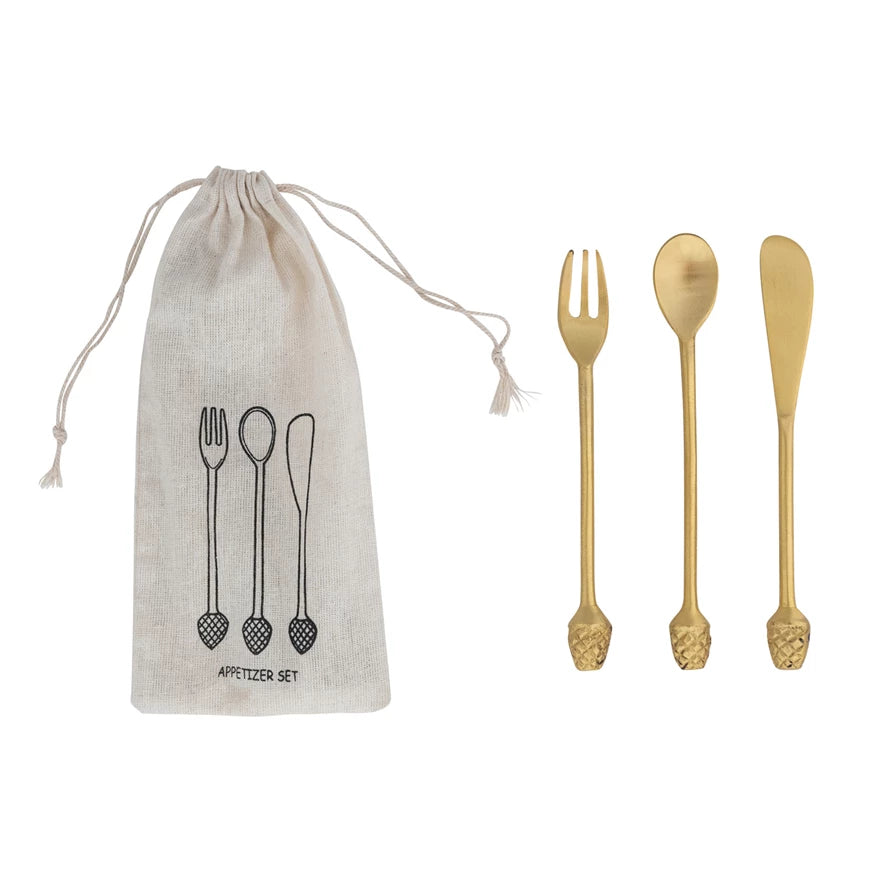 Brass Appetizer Set with Pinecone Handle, Set of 3, 6”