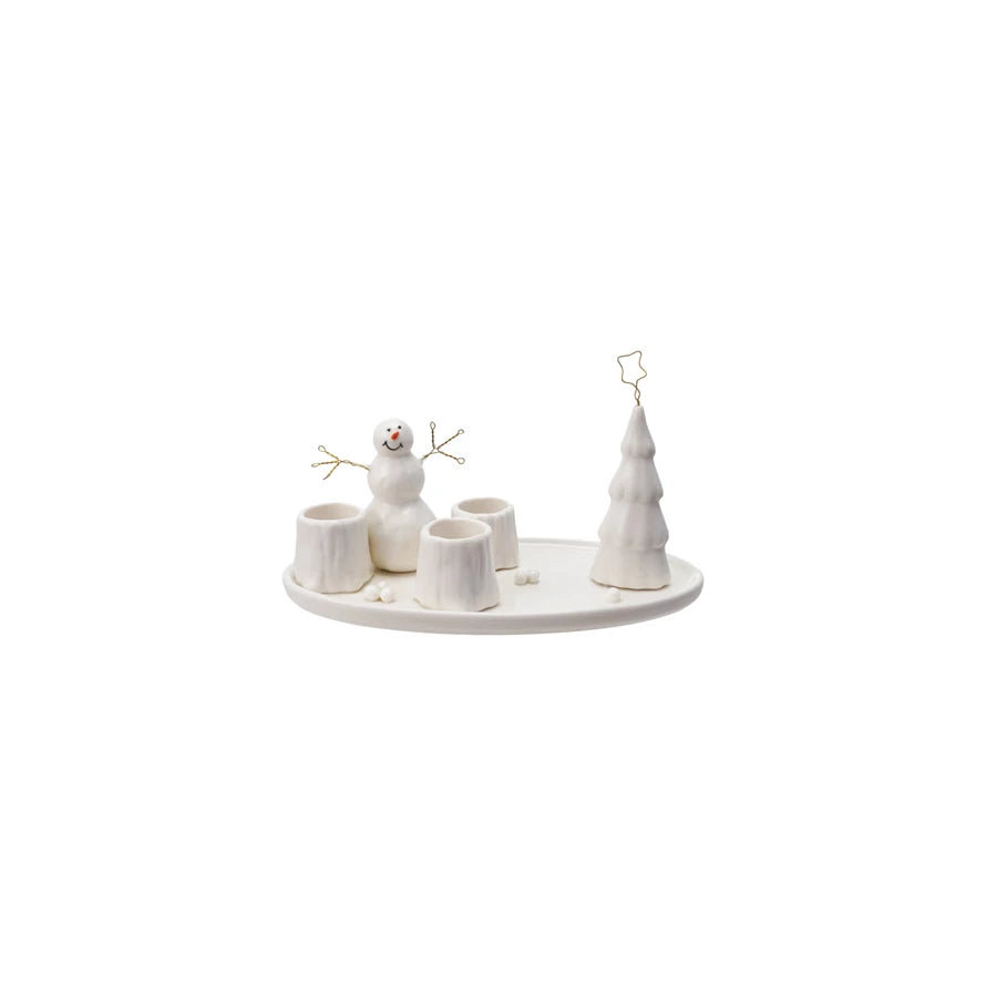 Stoneware & Wire Taper Holder with Snowman & Tree, Holds 3 Tapers