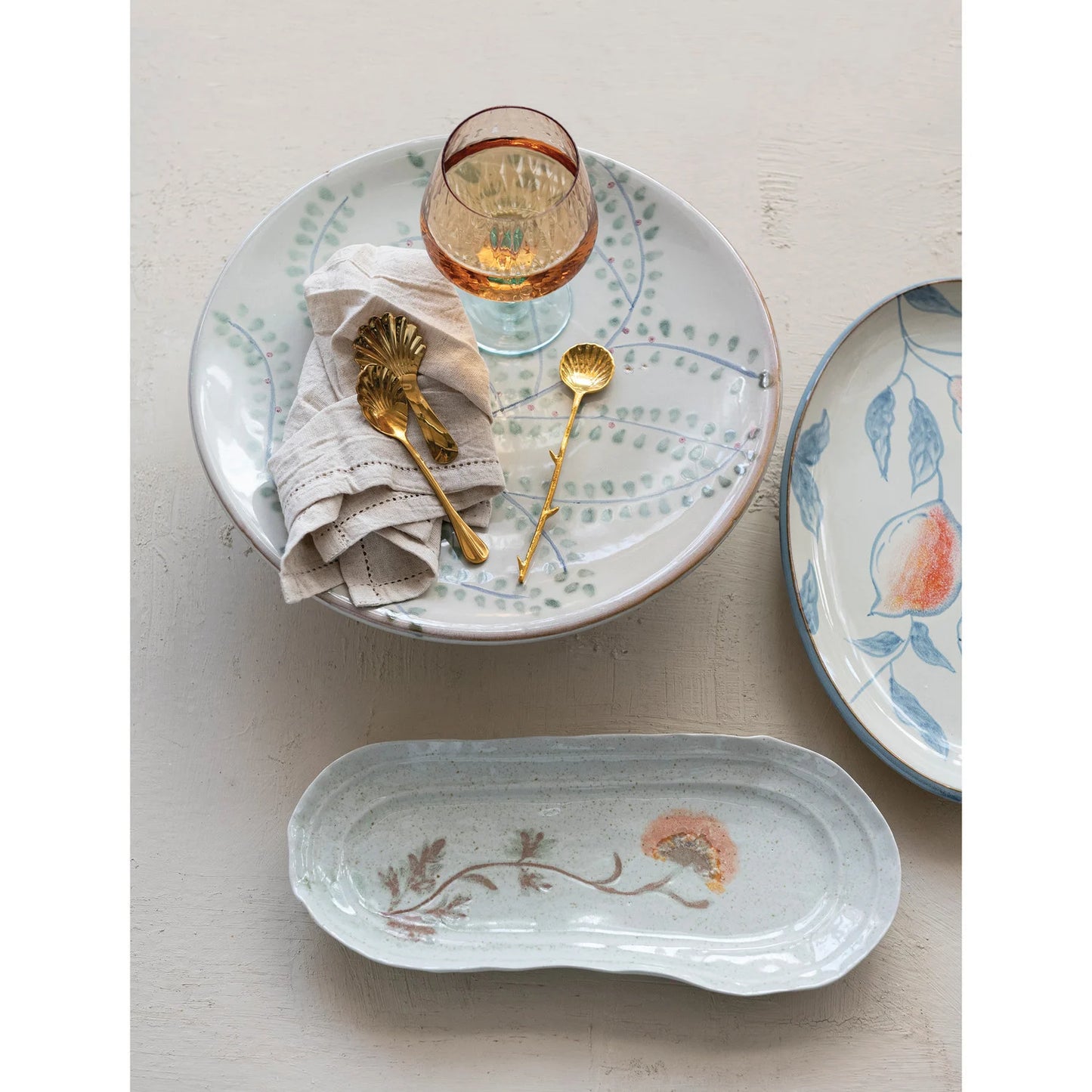 Hand-Painted Stoneware Platter with Vines Design