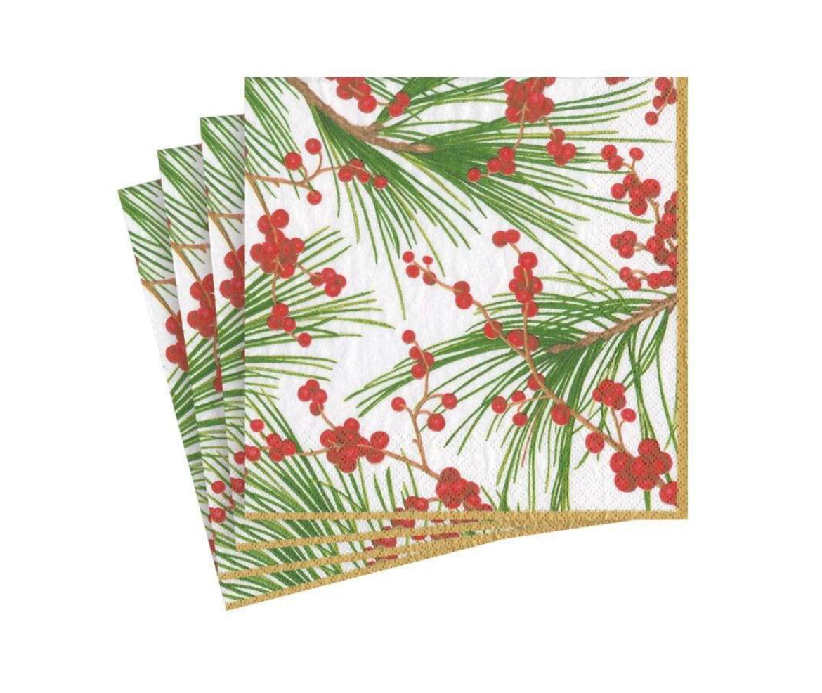 Caspari Berries and Pine Cocktail Napkins, Set of 20