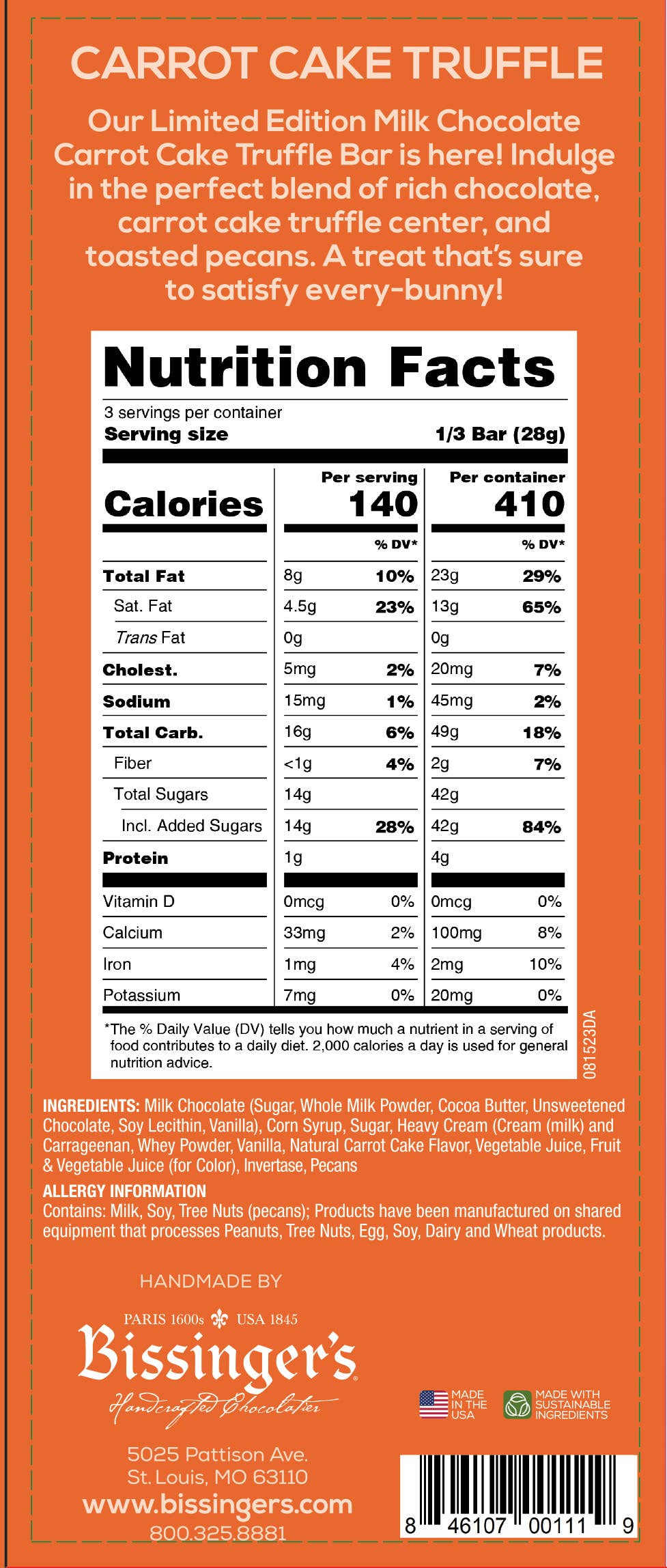 Bissinger's Milk Chocolate Carrot Cake Truffle Bar, 3 OZ