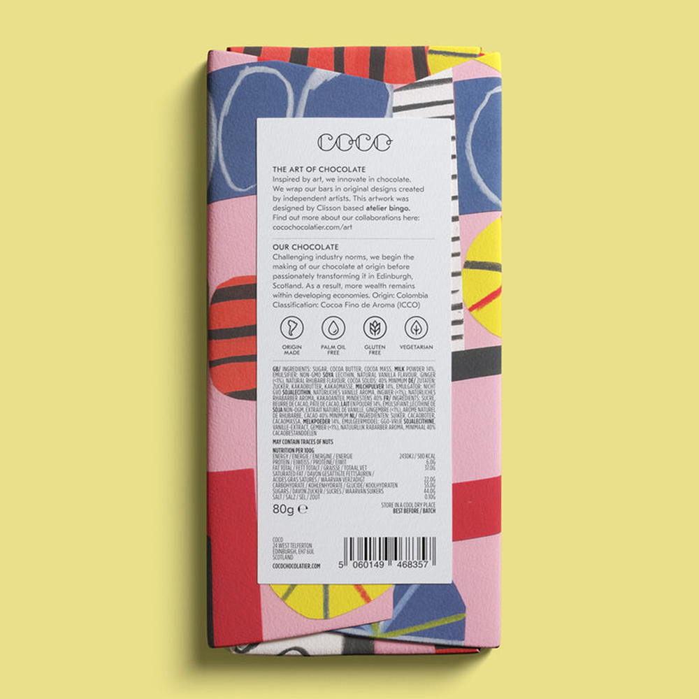 COCO Chocolatier - Rhubarb & Ginger Milk Chocolate Bar