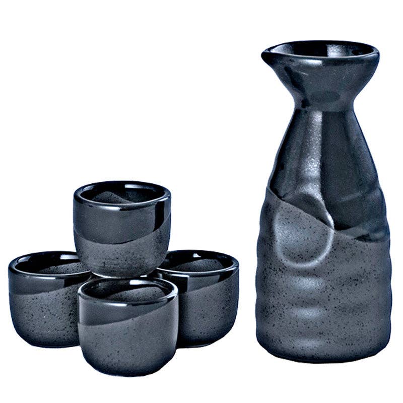 Urban Tokyo Black Gloss and Matte Glazed Sake Bottle and 4 Cups