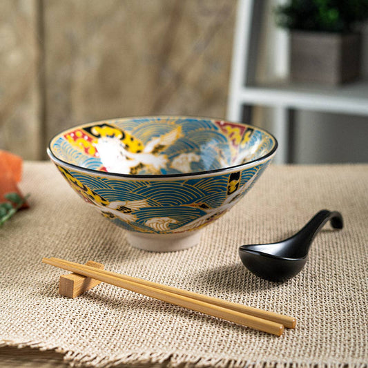 Urban Tokyo Bowl With Chopsticks, Spoon and Chopsticks Rest Set - Japanese Crane