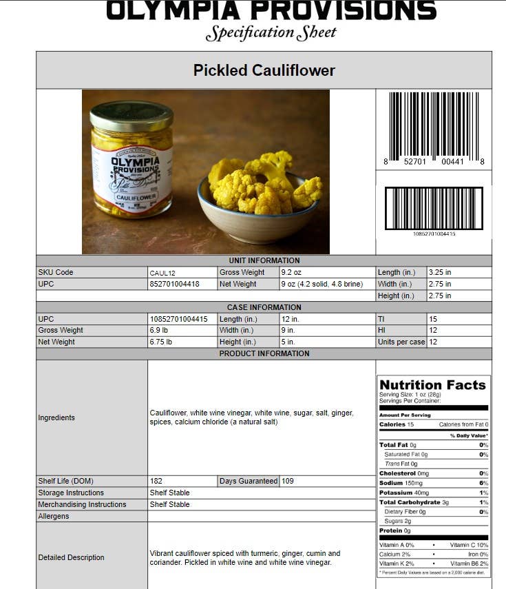 Olympia Provisions - Pickled Cauliflower