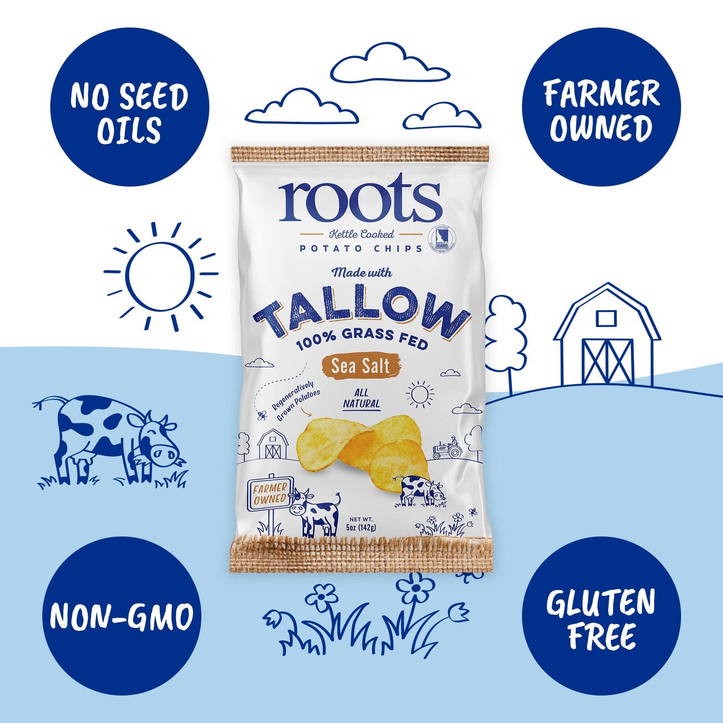 Roots Potato Chips Tallow Sea Salt Kettle Cooked Potato Chips, 5