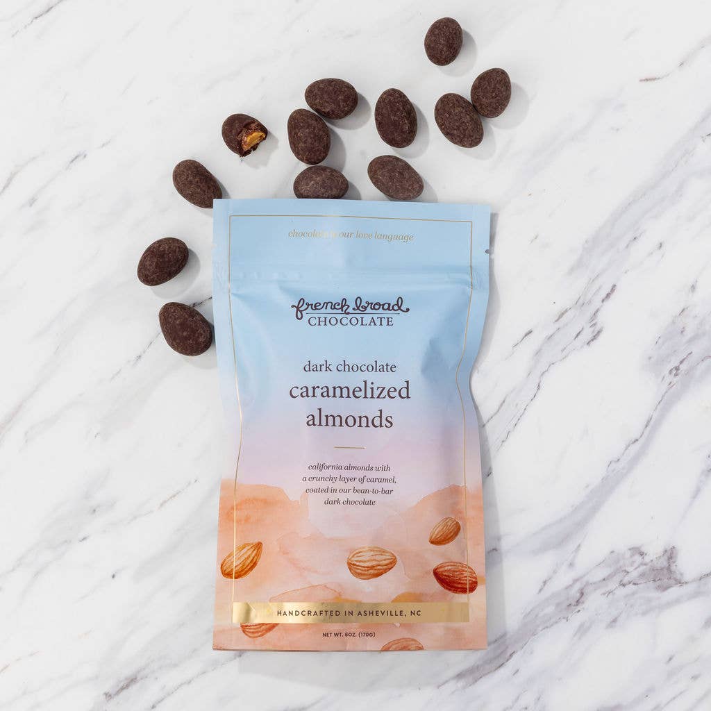 French Broad Chocolate Dark Chocolate Covered Caramelized Almonds, 6oz