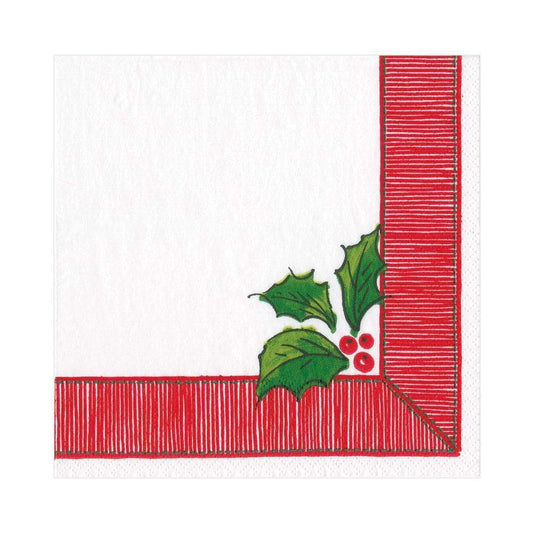 Caspari Ribbon Border Holly Cocktail Napkins, Set of 20