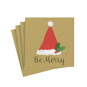 Caspari Be Merry Gold Cocktail Napkins, Set of 20