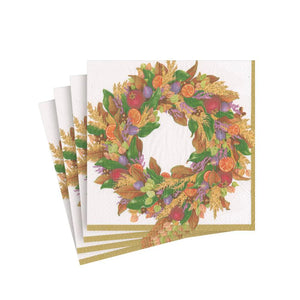 Caspari Autumn Wreath Ivory Cocktail Napkins, Set of 20