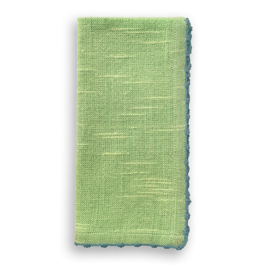 French Graffiti Knotted Edge Green Cotton Napkin with Blue Trim
