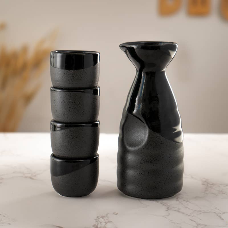 Urban Tokyo Black Gloss and Matte Glazed Sake Bottle and 4 Cups