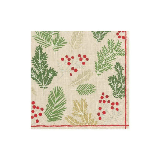 Caspari Sprigs And Berries Linen Cocktail Napkins, Set of 20