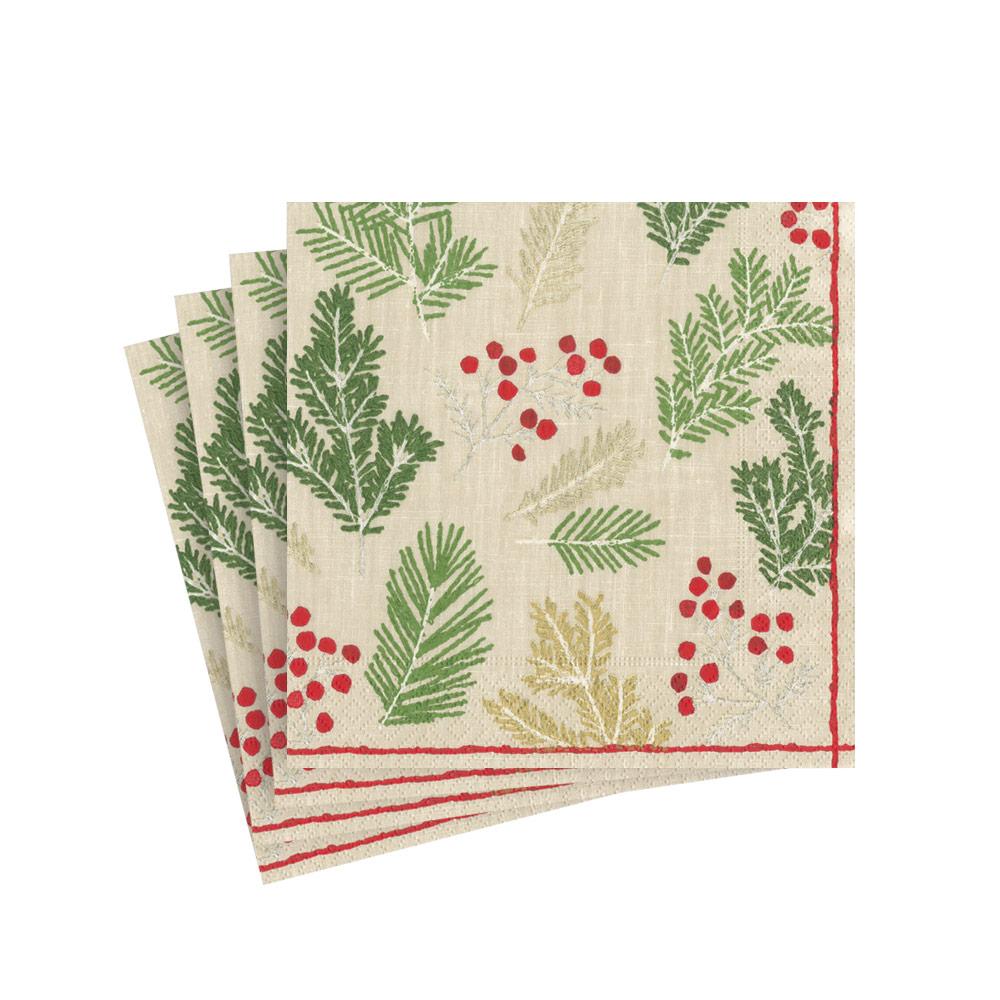 Caspari Sprigs And Berries Linen Cocktail Napkins, Set of 20