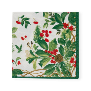 Caspari Holly Chintz White Cocktail Napkins, Set of 20