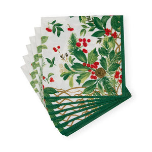 Caspari Holly Chintz White Cocktail Napkins, Set of 20