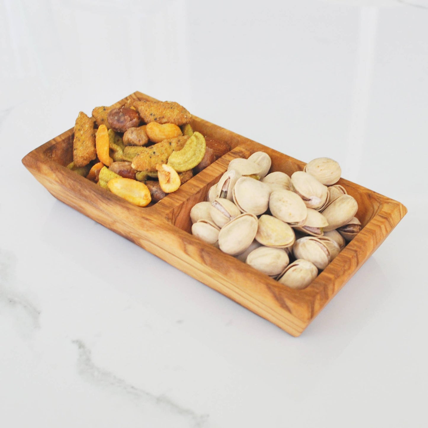 Olive Wood Square Double Dipping Bowl, 6.5”