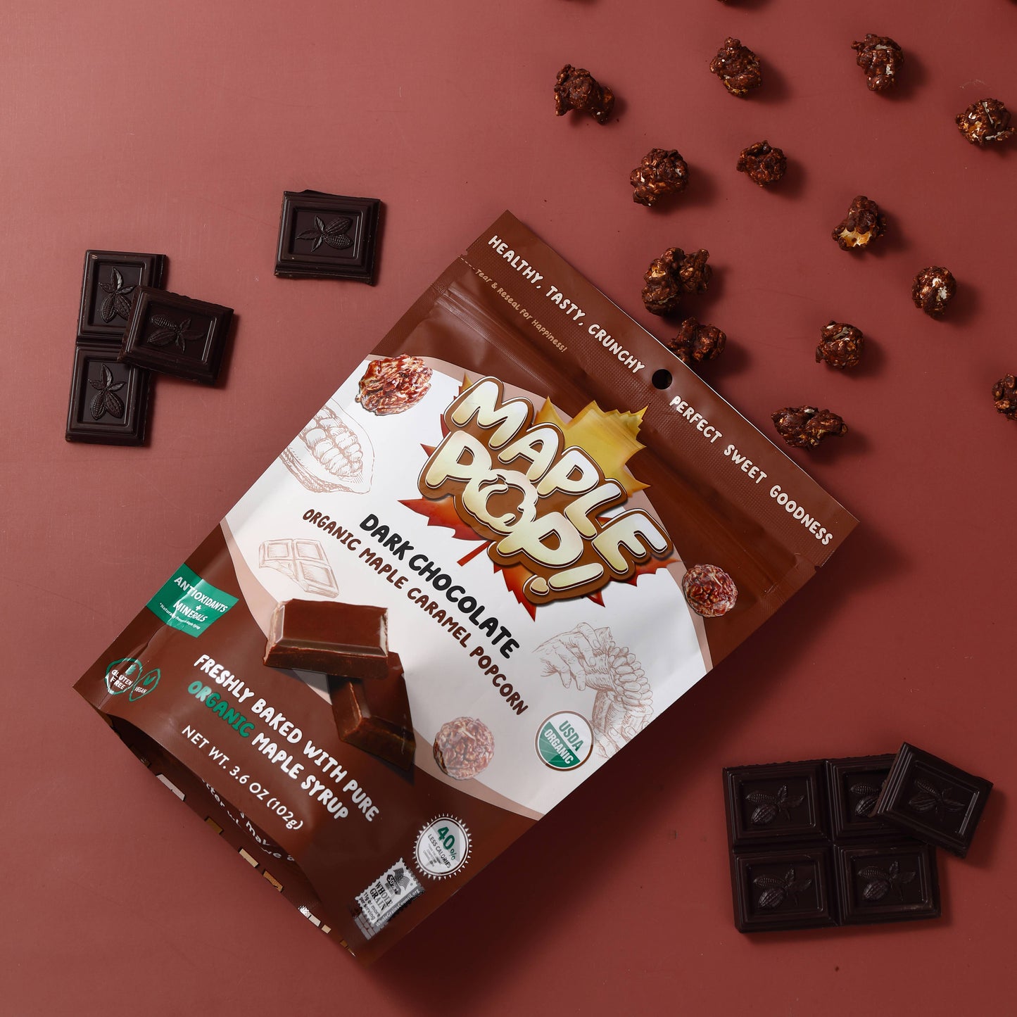 Maple Pop! Organic Maple Caramel Popcorn Dark Chocolate