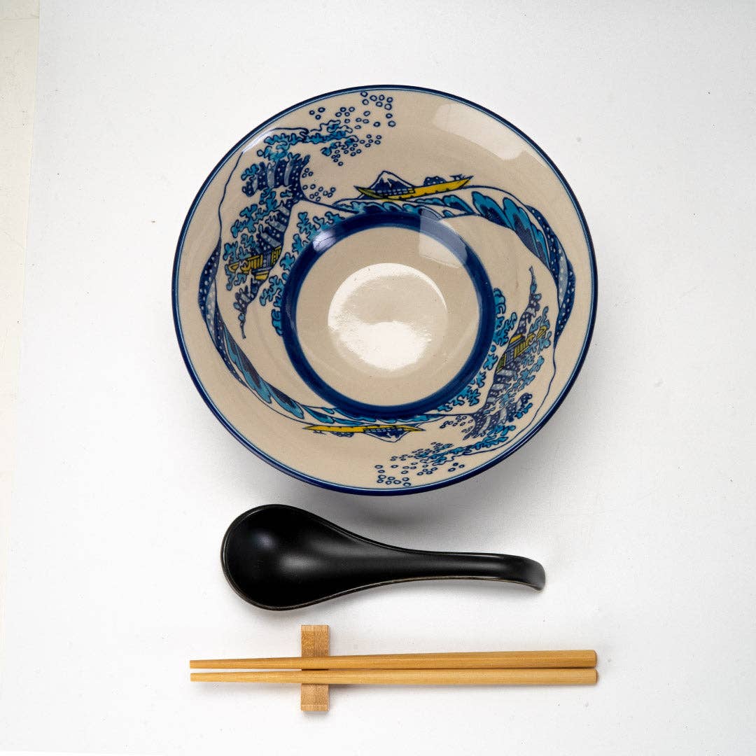 Urban Tokyo Bowl With Chopsticks, Spoon and Chopstick Rest Set, Great Wave Design