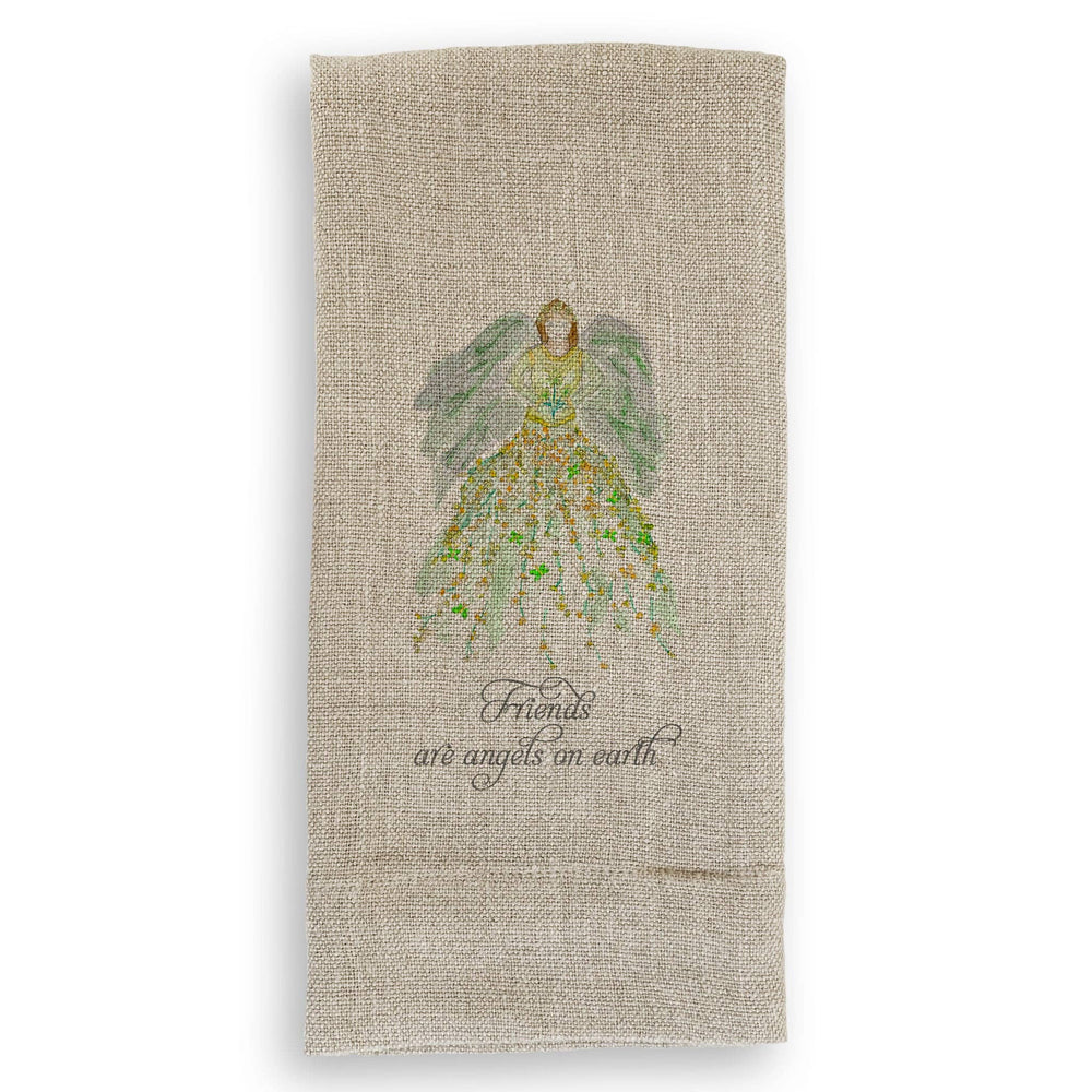 Green Floral Angel with Friends Quote Dishtowel
