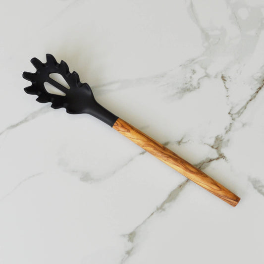 Black Silicone Spaghetti Server with Olive Wood Handle, 12"