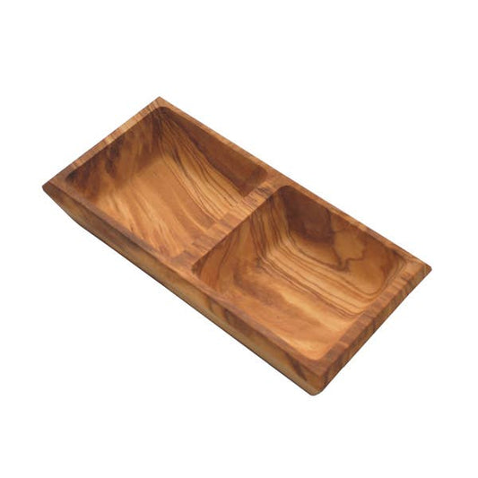 Olive Wood Square Double Dipping Bowl, 6.5”