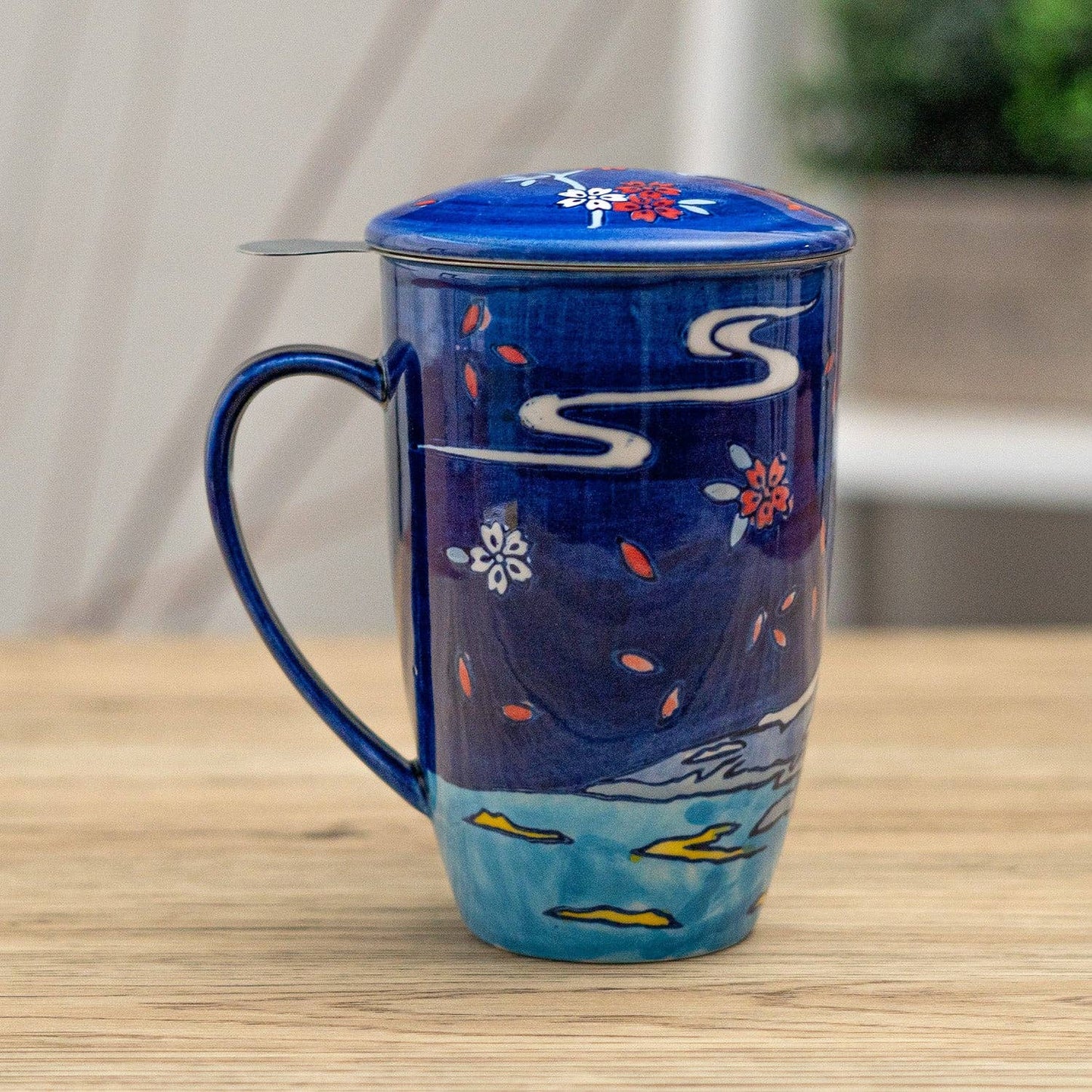 Fuji Mountain Design Tea Mug with Lid and Infuser, 15oz