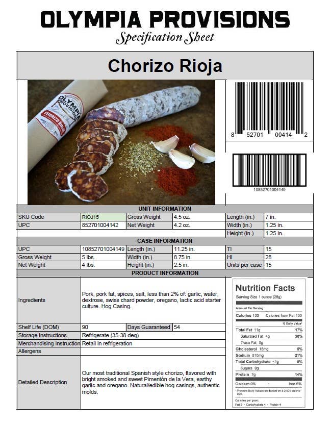 Olympia Provisions Chorizo Rioja, 4.2 oz