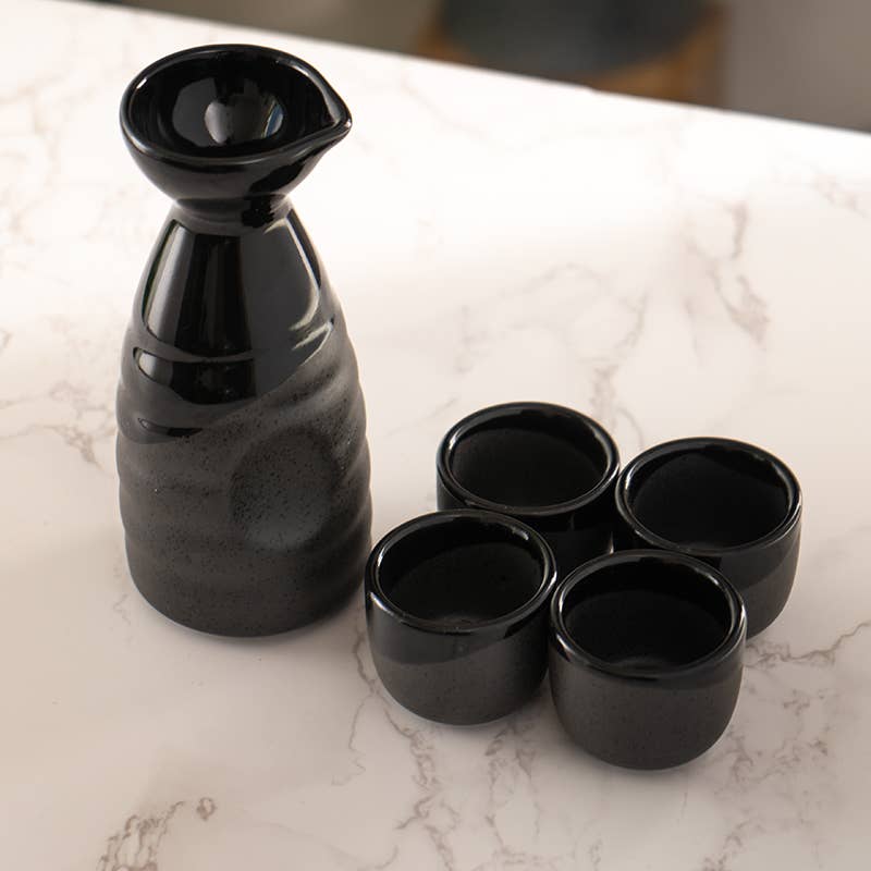 Urban Tokyo Black Gloss and Matte Glazed Sake Bottle and 4 Cups