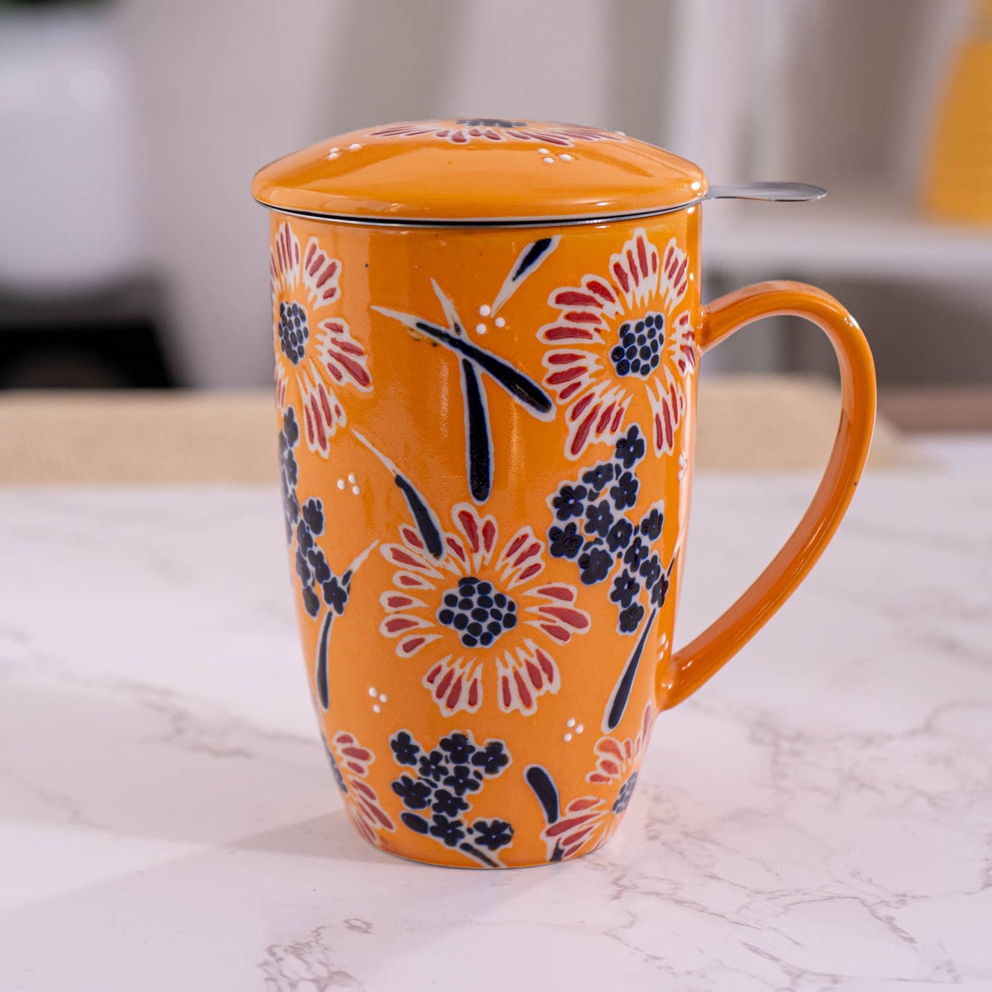 Yellow Flower Tea Mug with Lid and Infuser, 15oz