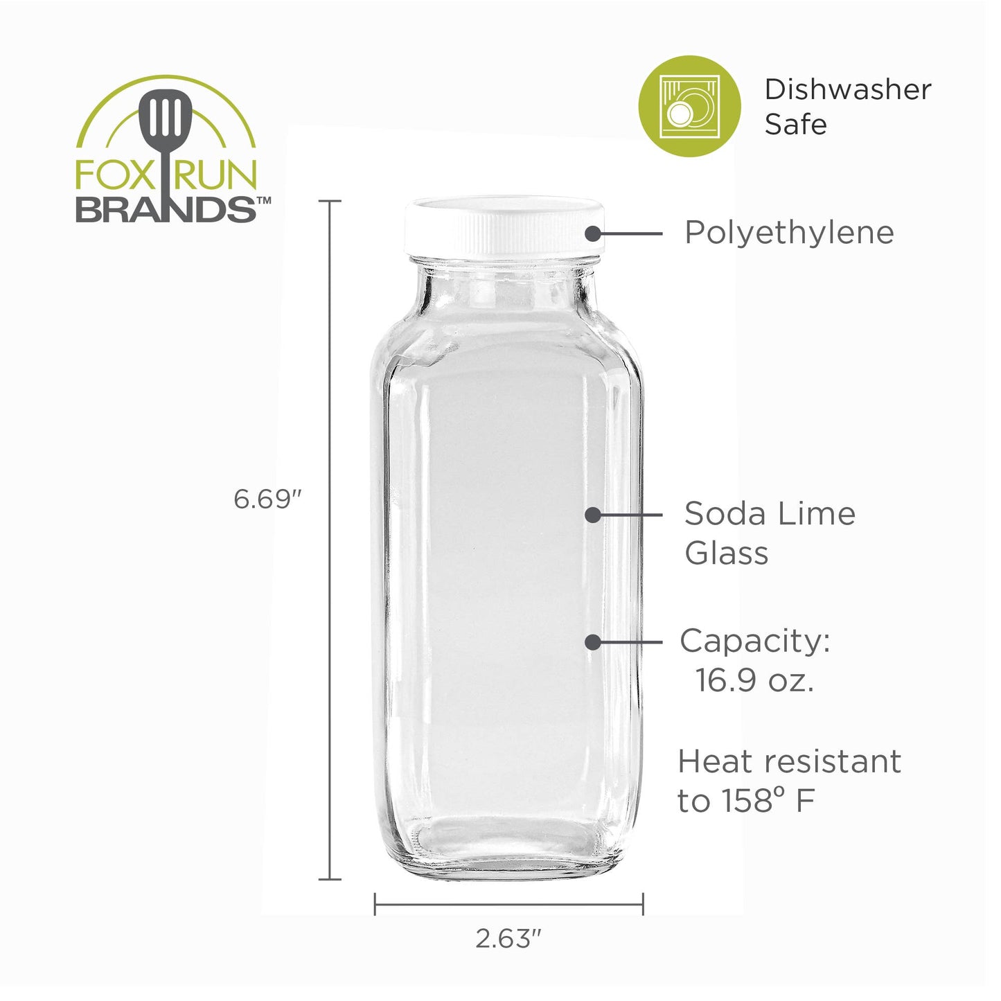 Fox Run Square Glass Milk Bottle, 16.9 oz