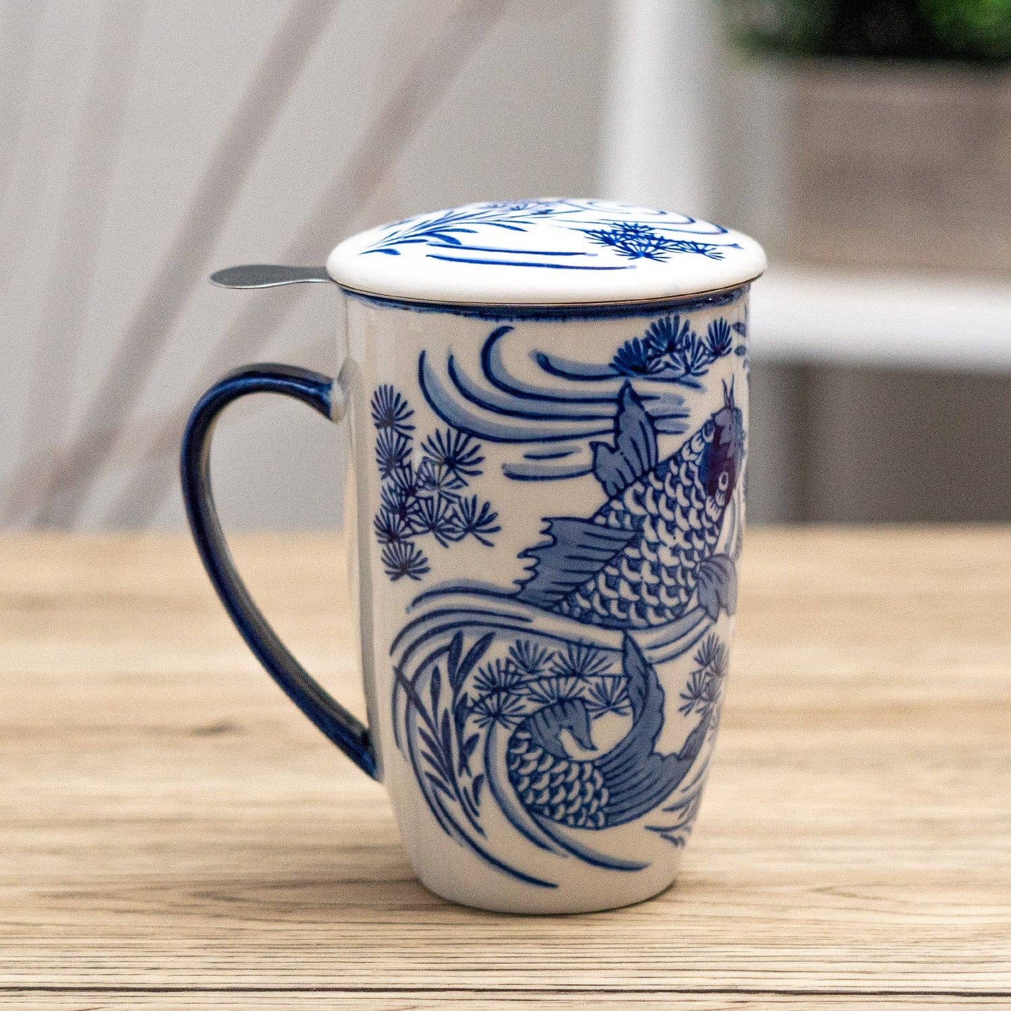 Koi Fish Design Tea Mug with Lid and Infuser, 15oz