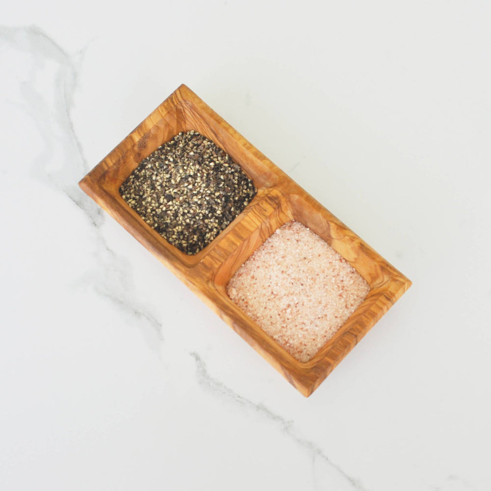 Olive Wood Square Double Dipping Bowl, 6.5”