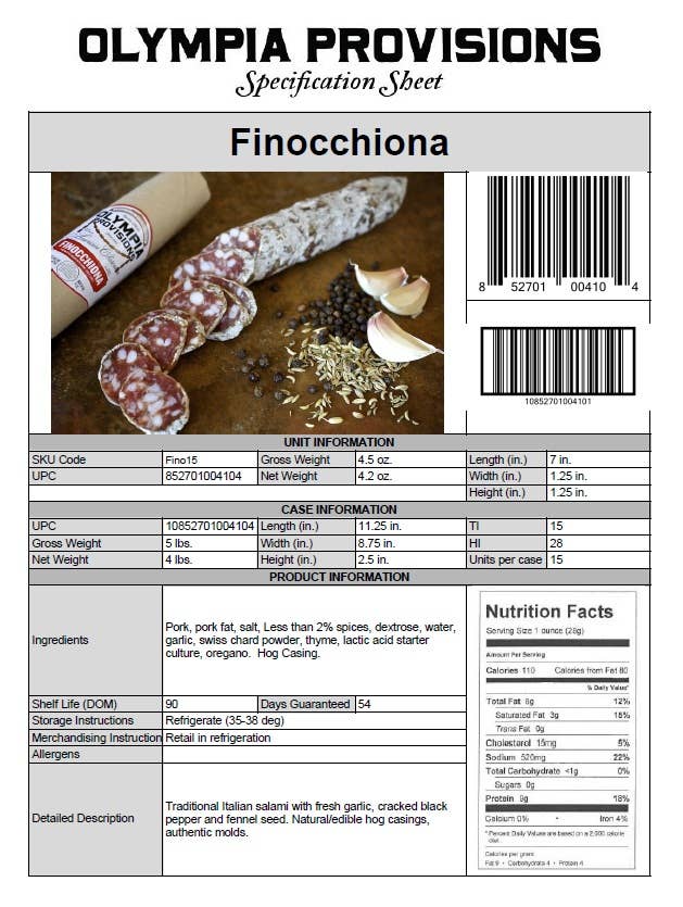 Olympia Provisions Finocchiona Salami, 4.2 oz