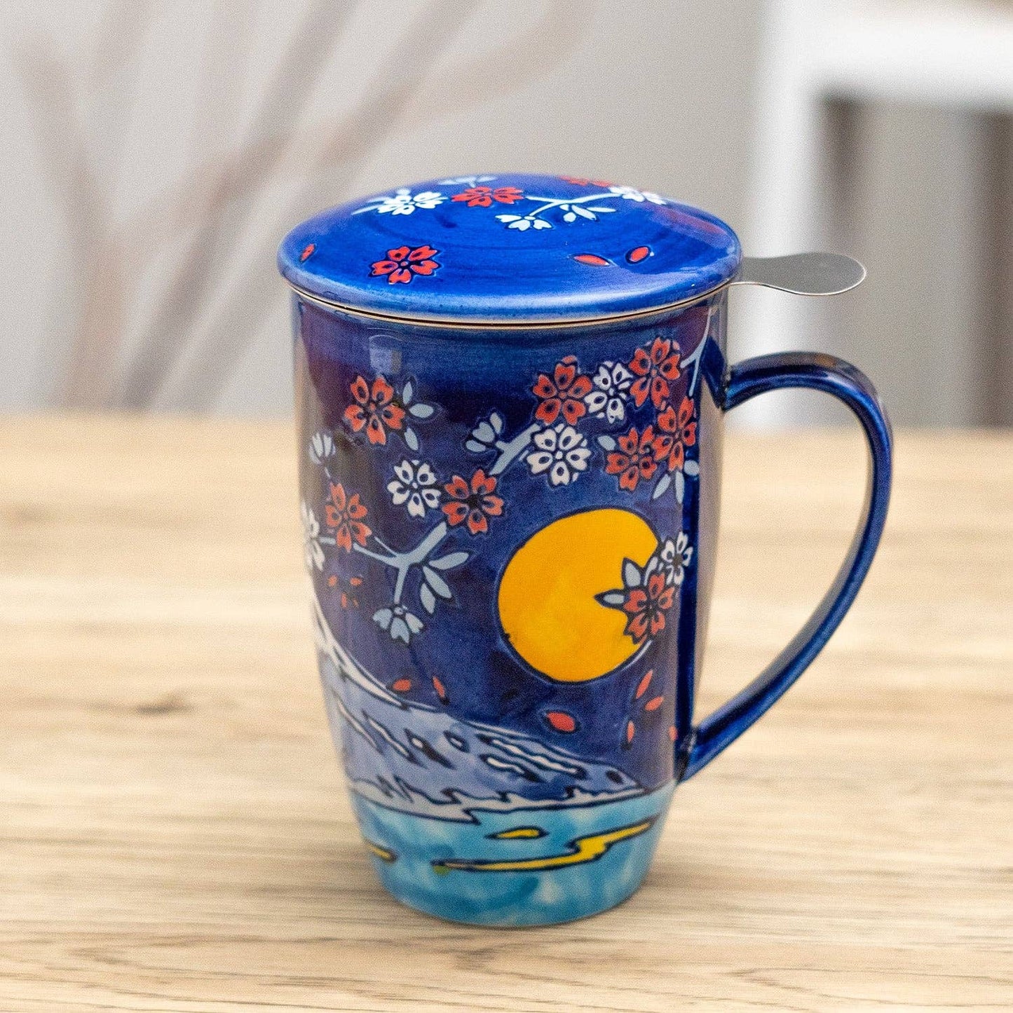 Fuji Mountain Design Tea Mug with Lid and Infuser, 15oz