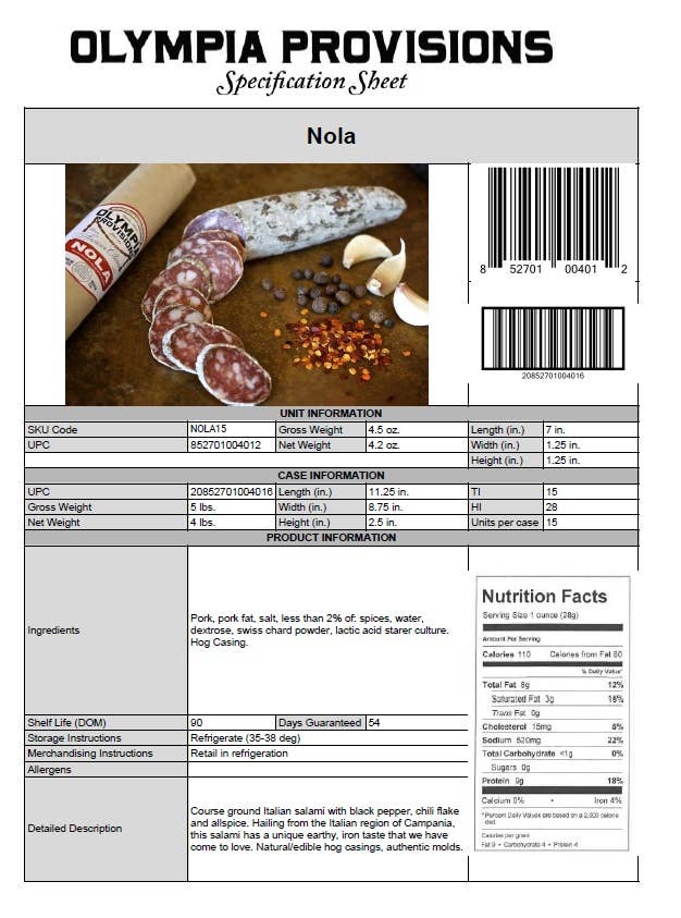 Olympia Provisions Nola Salami, 4.2 oz
