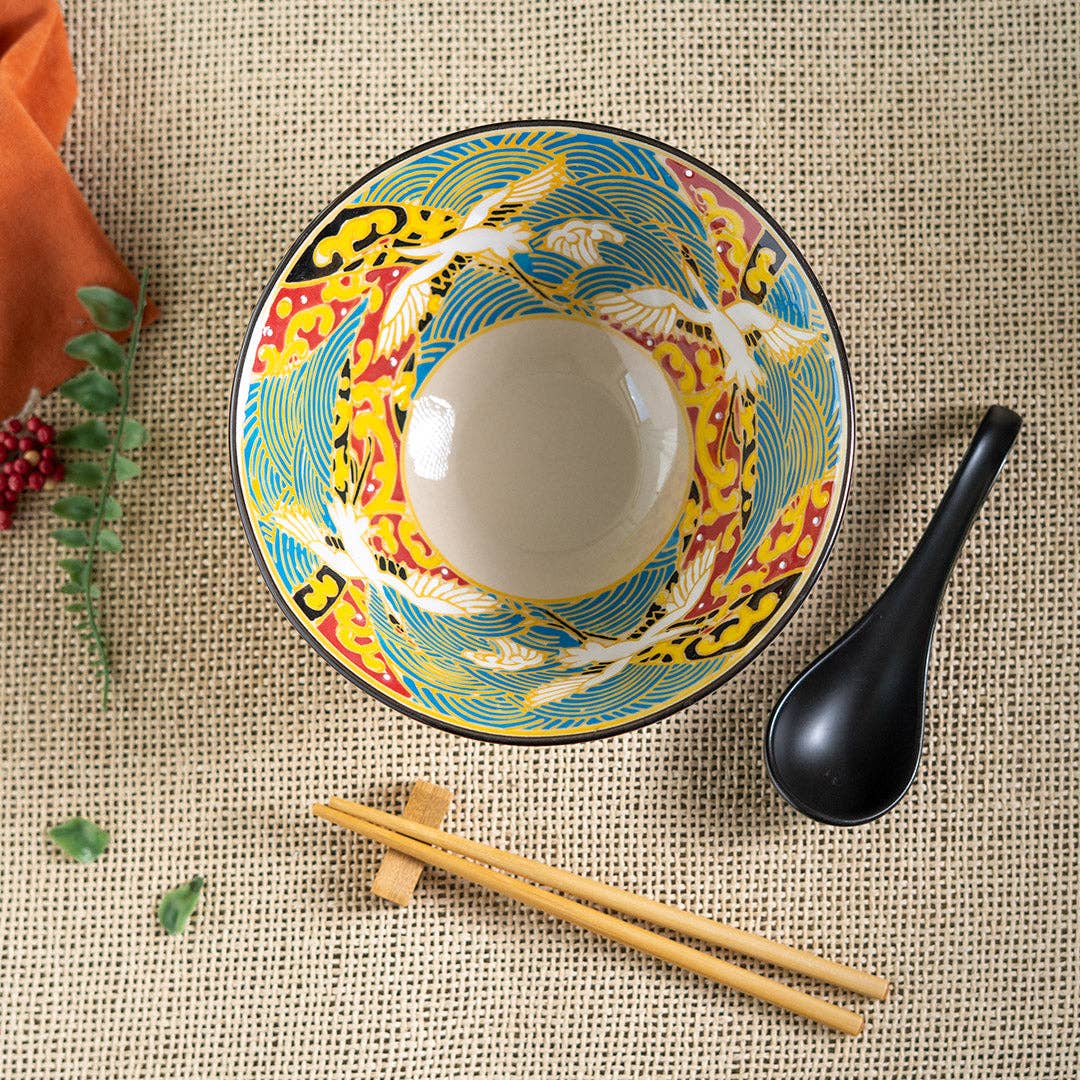 Urban Tokyo Bowl With Chopsticks, Spoon and Chopsticks Rest Set - Japanese Crane