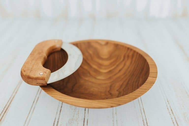 Holland Bowl Mill 9" Cherry Bowl with Mezzaluna Knife/Oil Finish