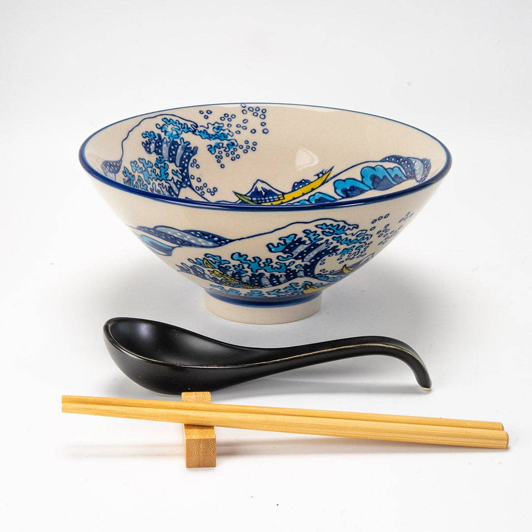 Urban Tokyo Bowl With Chopsticks, Spoon and Chopstick Rest Set, Great Wave Design