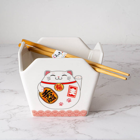 Urban Tokyo Takeout Box Serving Bowl With Chopsticks - Lucky Cat