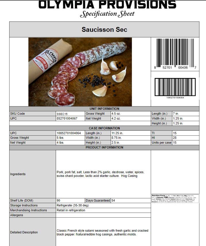 Olympia Provisions Saucisson Sec Salami, 4.2 oz