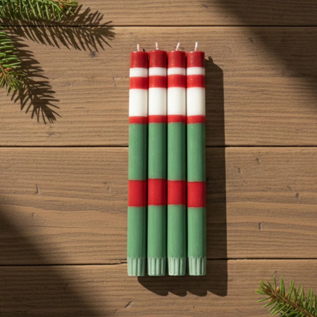 Striped Holiday Emerald Oriental Red And Pearl White Eco Dinner Candles, Set of 4
