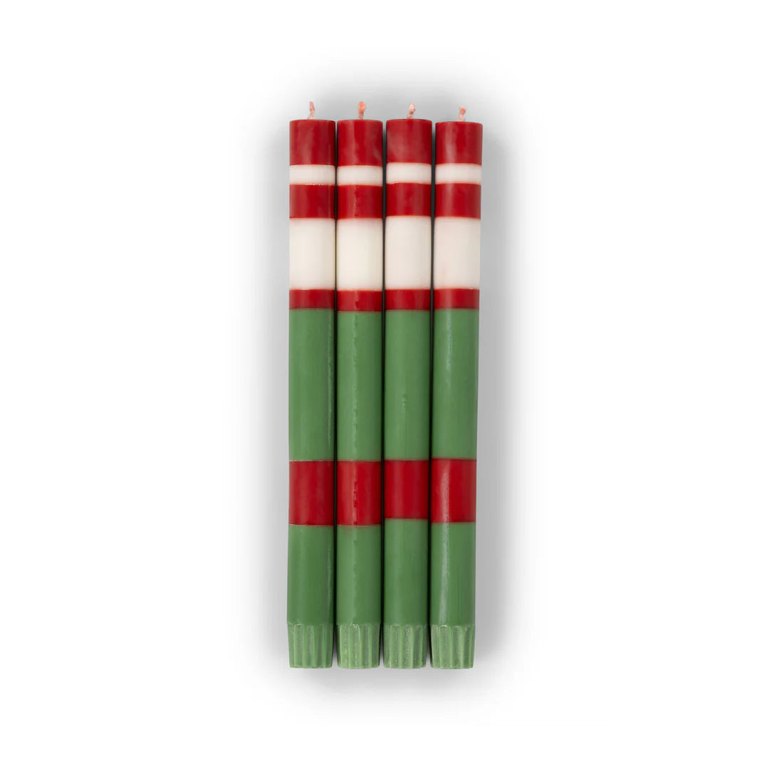 Striped Holiday Emerald Oriental Red And Pearl White Eco Dinner Candles, Set of 4