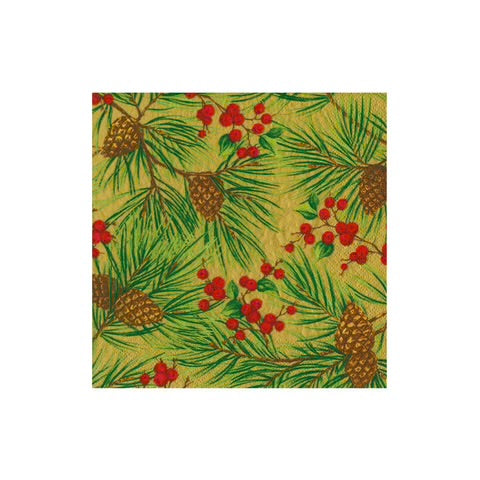 Caspari Evergreen and Berries Gold Cocktail Napkins, Set of 20